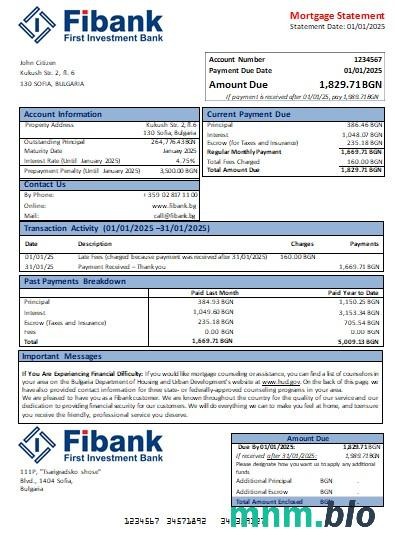 Bułgaria Bank Fibank wyciąg z kredytu hipotecznego szablon Word i PDF